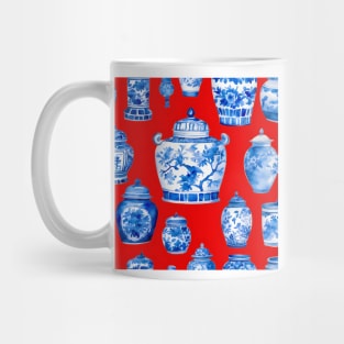 Blue and white chinoiserie jars on red Mug